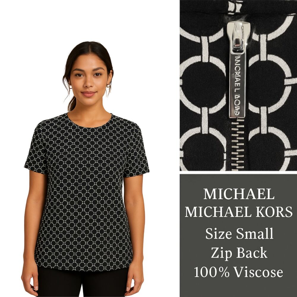 Michael Kors Black White Chain Print Blouse Top Small Zip Back